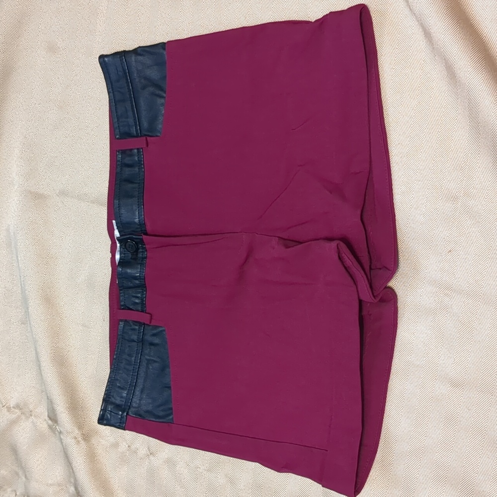Maroon with black faux leather city shorts
